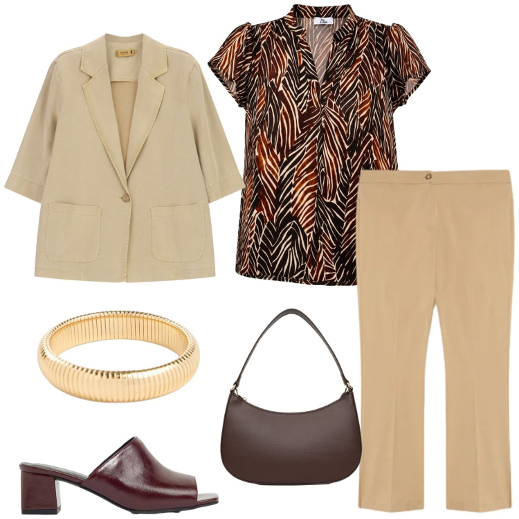 Outfit donna - Total look #2438397. Stile Chic per Ufficio. Abbinamento con braccialetti, ciabatte, bluse, borse a tracolla, pantaloni, blazer.