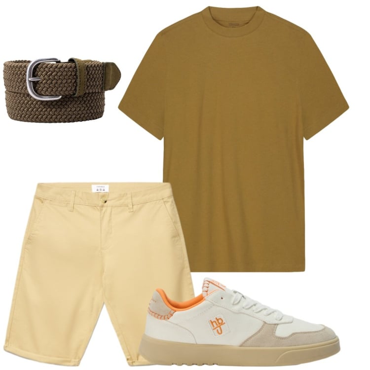 Outfit uomo - D\'estate di giorno in free time. Stile Trendy per Tutti i giorni. Abbinamento con sneakers, shorts, t-shirt, cinture.