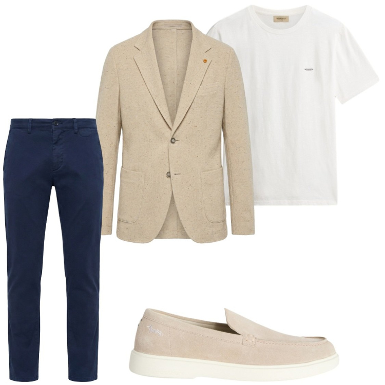 Outfit uomo - Spezzati estivi con giacca in jersey. Stile Business/Elegante per Ufficio. Abbinamento con scarpe stringate, pantaloni chino, giacche, t-shirt.