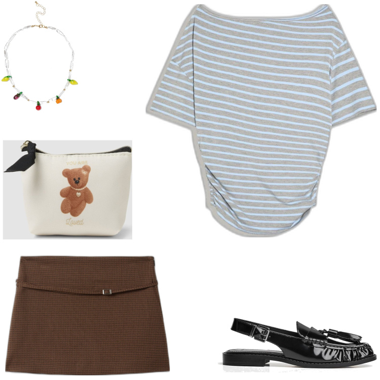 Outfit mujer - Elegancia Realzy. Estilo Casual chic para Todos los días. Combinación con mocasines, camiseta, pochette, minifaldas, colgantes.