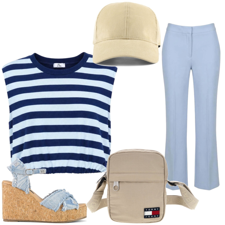 Outfit donna - Total look #2438411. Stile Casual chic per Tutti i giorni. Abbinamento con top, pantaloni, zeppe, cappelli con visiera, borse a spalla.