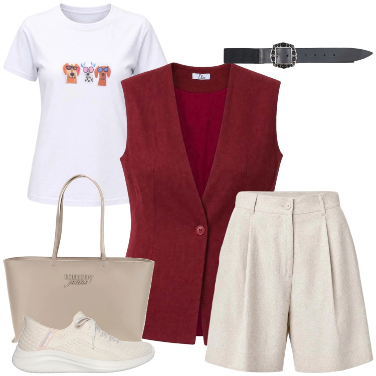 Outfit donna - Total look #2438414. Stile Casual chic per Tutti i giorni. Abbinamento con shorts, gilet, t-shirt, cinture, sneakers, borse a spalla.