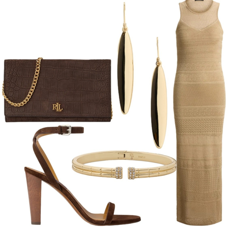 Outfit donna - Nel Segno Del Leone. Stile Glamour per Serata fuori. Abbinamento con braccialetti, sandali in pelle, orecchini, vestiti lunghi, borse a tracolla.