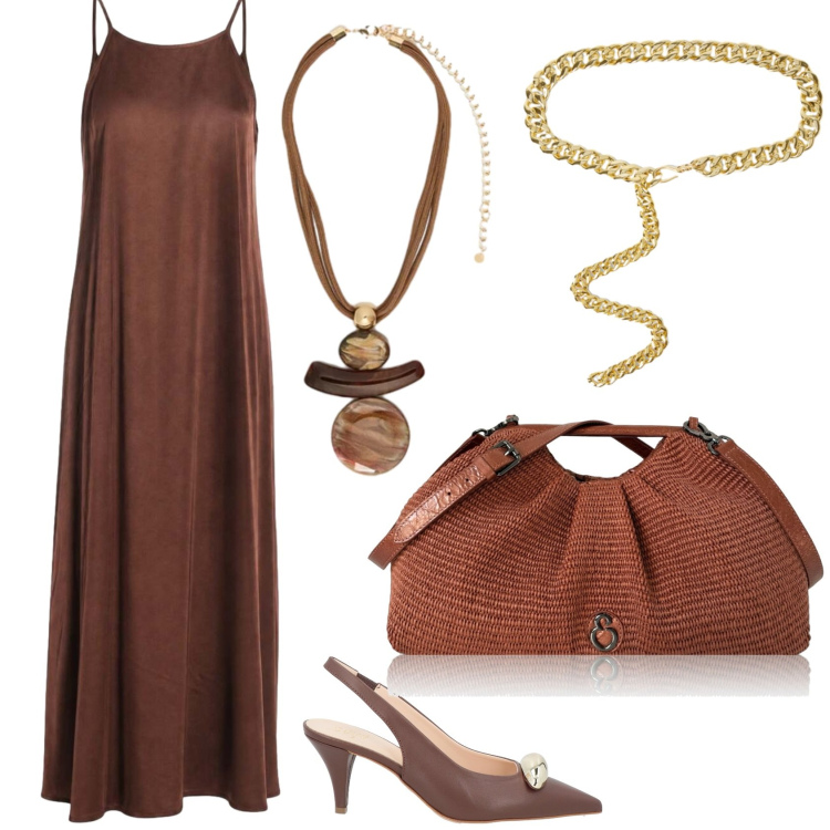 Outfit donna - Brown. Stile Chic per Serata fuori. look ideale per Tall. Abbinamento con décolleté, vestiti lunghi, clutch, ciondoli, cinture.
