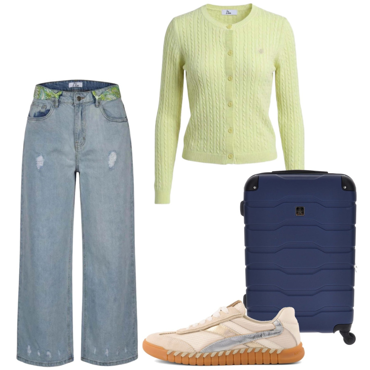 Outfit donna - Total look #2438418. Stile Casual chic per Tutti i giorni. Abbinamento con jeans strappati, cardigans, sneakers, valigie.