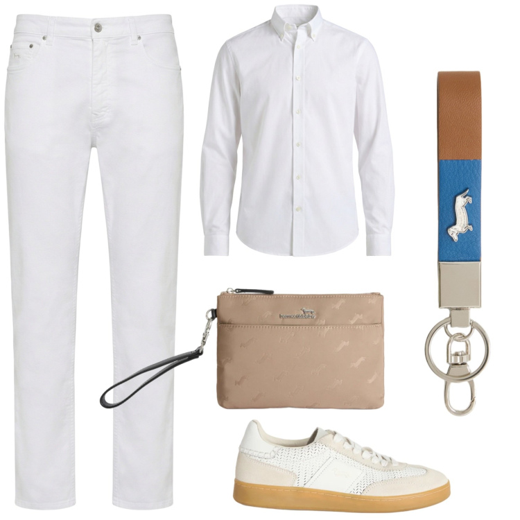 Outfit uomo - White party. Stile Casual per Serata speciale. Abbinamento con pantaloni, portachiavi, sneakers, borse sportive, camicie.