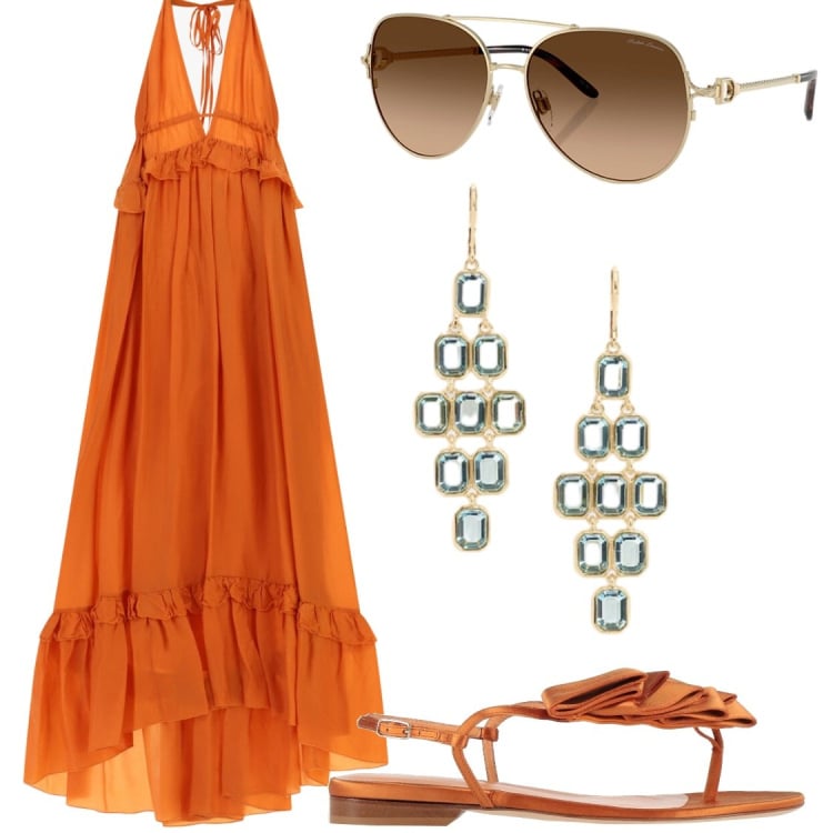 Outfit donna - Regina della serata. Stile Glamour per Serata fuori. Abbinamento con infradito, vestiti lunghi, occhiali da sole, orecchini.