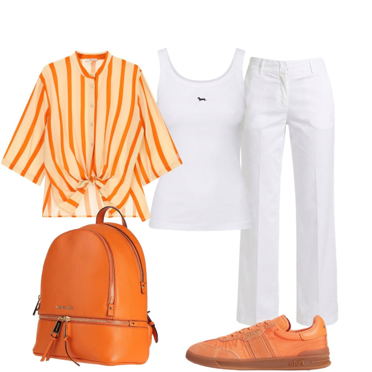 Outfit donna - Leone: orange casual chic. Stile Casual chic per Tutti i giorni. Abbinamento con zaini, canottiere, pantaloni, sneakers, camicie.