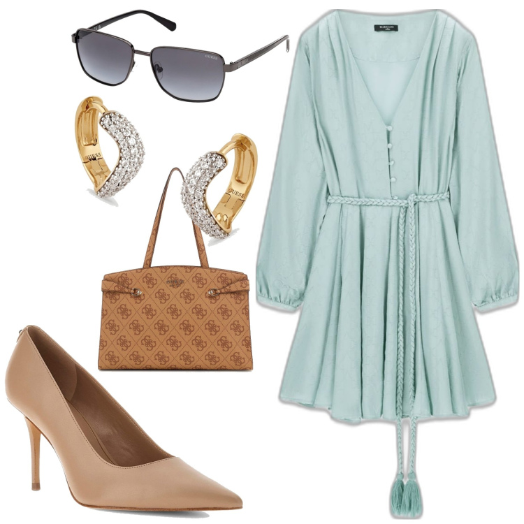 Outfit mujer - Casual #6487. Estilo Casual para Oficina. Combinación con bolso shopper, vestidos cortos, salones, gafas de sol, pendientes.