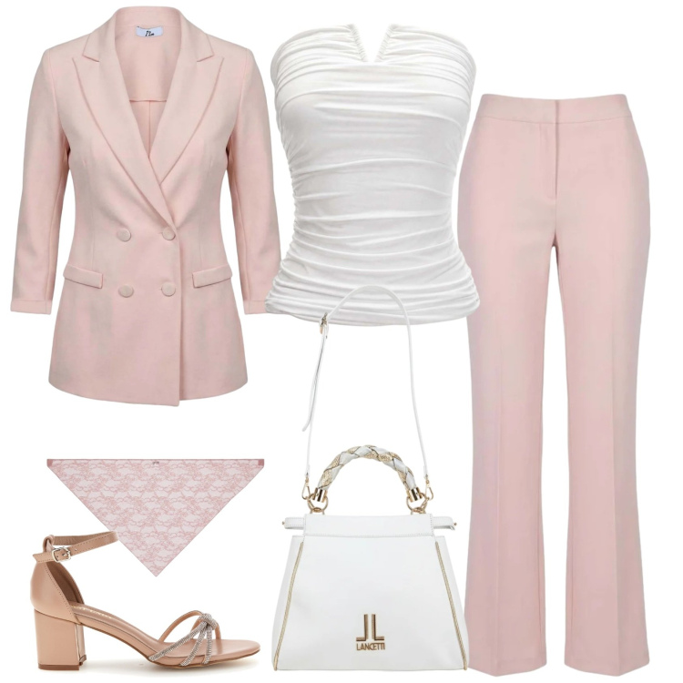 Outfit donna - Trova il tuo stile con I AM. Stile Mannish per Ufficio. Abbinamento con pantaloni, blazer, foulard, top, sandali col tacco, borse a tracolla.