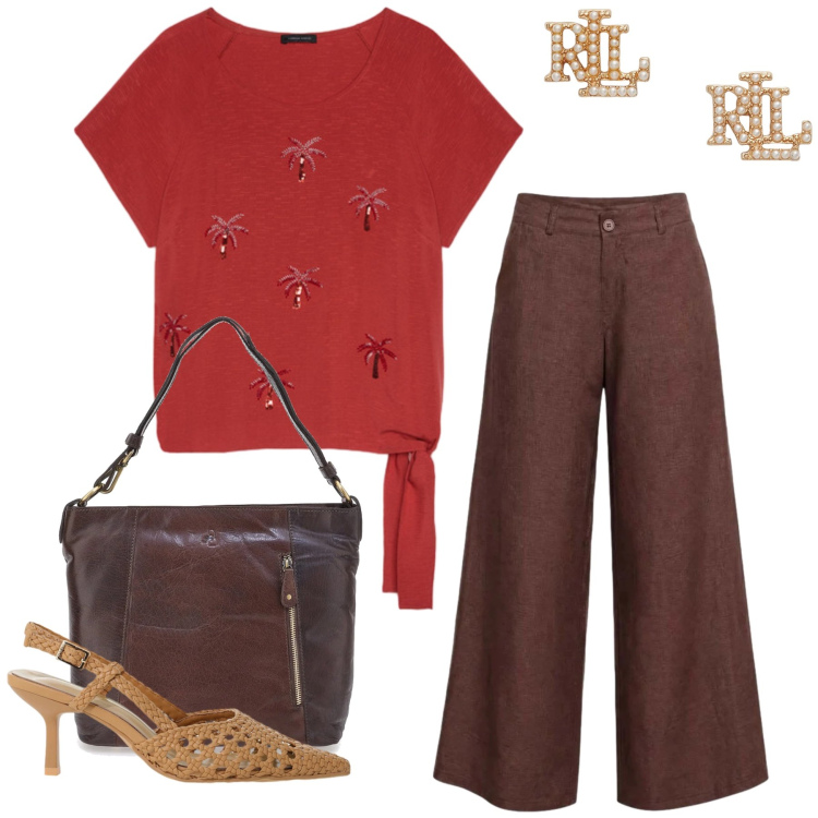 Outfit donna - Total look #2438430. Stile Casual chic per Tutti i giorni. Abbinamento con pantaloni a palazzo, décolleté, top, orecchini, borse a spalla.