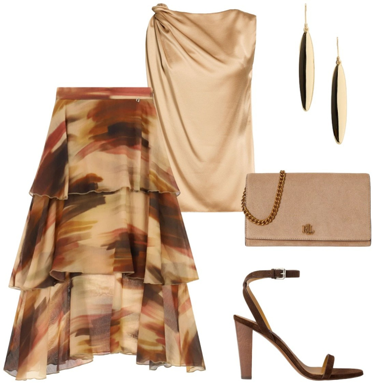 Outfit donna - Colori che non passano inosservati. Stile Glamour per Serata fuori. Abbinamento con top, borse a tracolla, sandali in pelle, orecchini, gonne lunghe.
