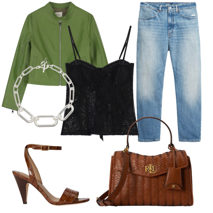 Outfit donna - Total look #2438432. Stile Casual chic per Tutti i giorni. Abbinamento con top, giacche, jeans, borse a mano, collane, sandali in pelle.