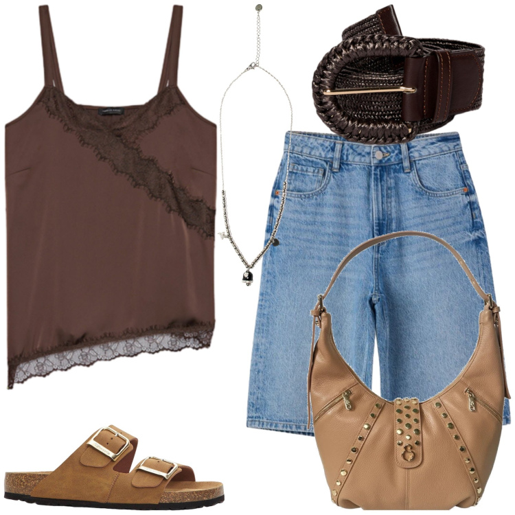 Outfit donna - Total look #2438434. Stile Casual chic per Tutti i giorni. Abbinamento con ciabatte, borse a spalla, bermuda, ciondoli, cinture, top.