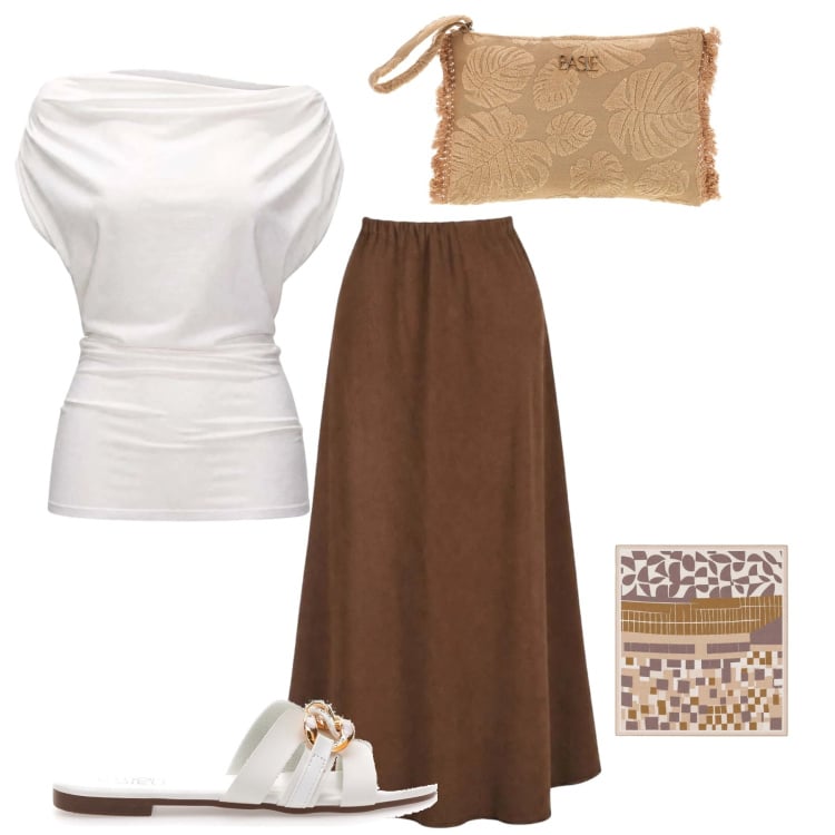 Outfit donna - Serata al mare. Stile Etnico per Mare. Abbinamento con gonne lunghe, top, foulard, ciabatte, pochette.
