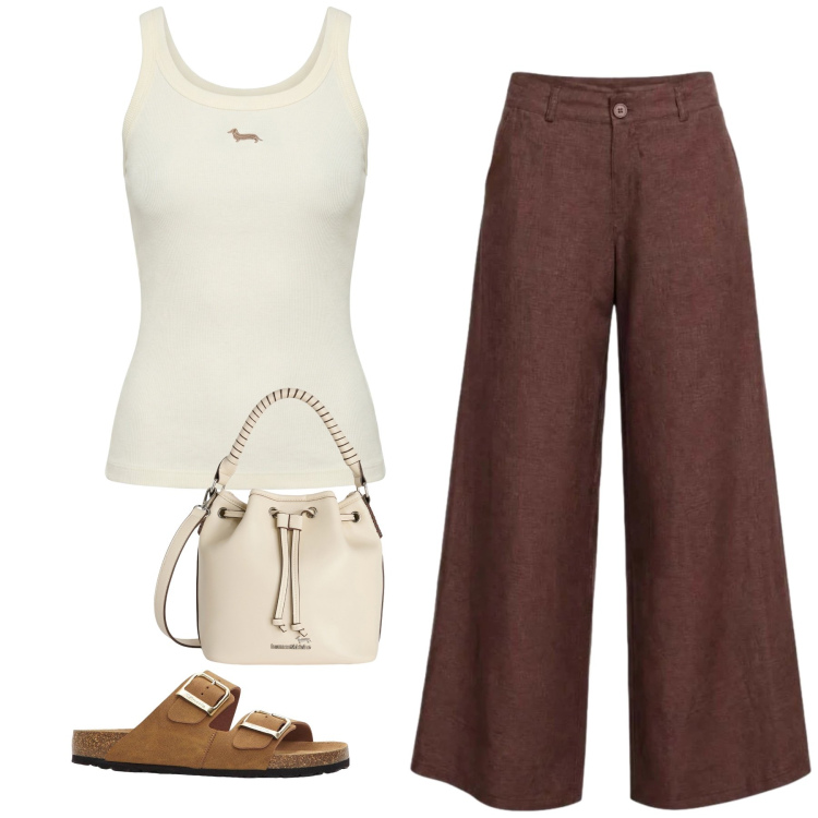 Outfit donna - Mattina. Abbinamento con ciabatte, pantaloni a palazzo, canottiere, borse a secchiello.