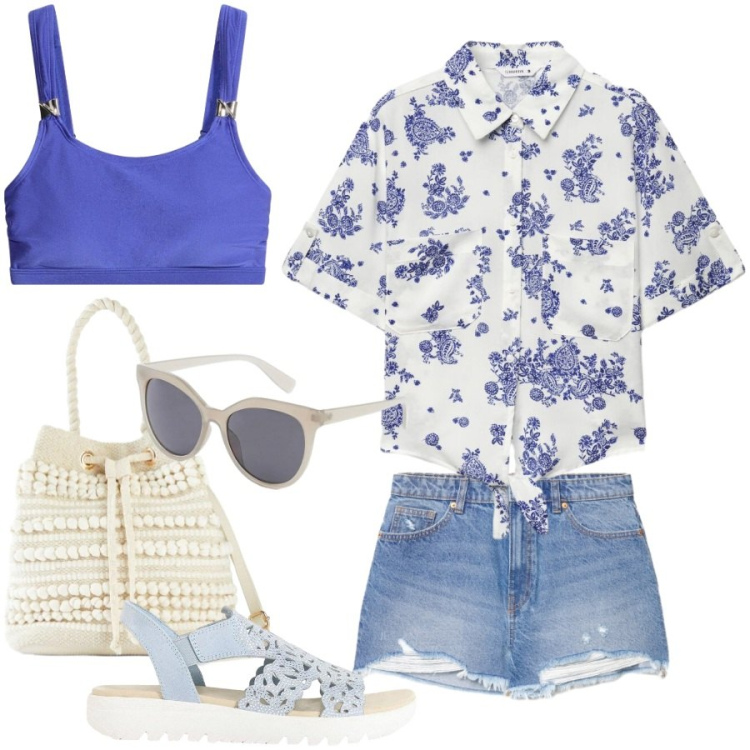 Outfit donna - La camicia a fiori. Stile Casual chic per Tutti i giorni. Abbinamento con sandali col tacco, borse a secchiello, bikini, occhiali da sole, camicie a manica corta, shorts.