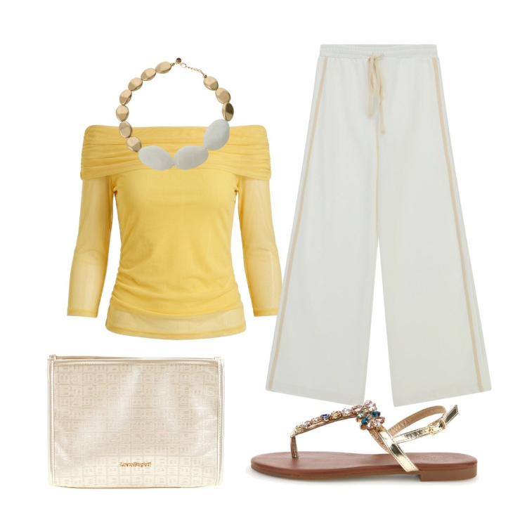 Outfit donna - Leone: energia e calore solare. Stile Sporty chic per Tutti i giorni. Abbinamento con pantaloni a palazzo, collane, top, pochette, sandali gioiello.