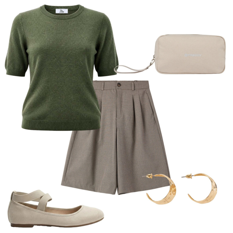 Outfit donna - Total look #2438448. Stile Casual chic per Ufficio. Abbinamento con ballerine, orecchini, maglieria, bermuda, valigie.