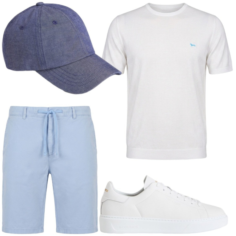Outfit uomo - Sotto il sole di luglio. Stile Casual per Tutti i giorni. Abbinamento con t-shirt, bermuda, sneakers, cappelli con visiera.