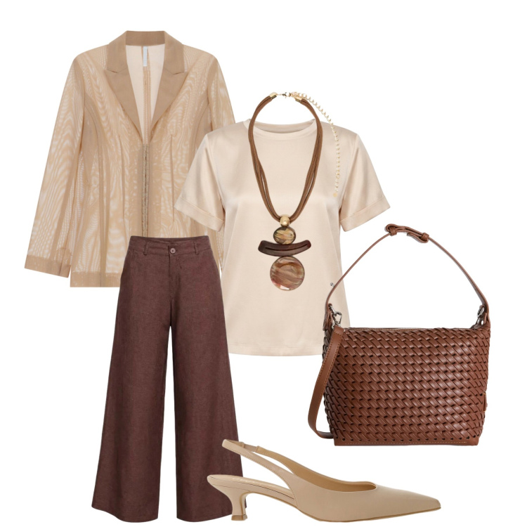 Outfit donna - Colori della terra. Stile Boho per Serata fuori. Abbinamento con pantaloni a palazzo, borse a spalla, ciondoli, décolleté, t-shirt, blazer.