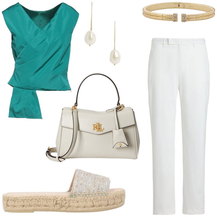 Outfit donna - Quiet luxury. Stile Glamour per Serata fuori. Abbinamento con top, espadrillas, pantaloni, borse a mano, orecchini, braccialetti.
