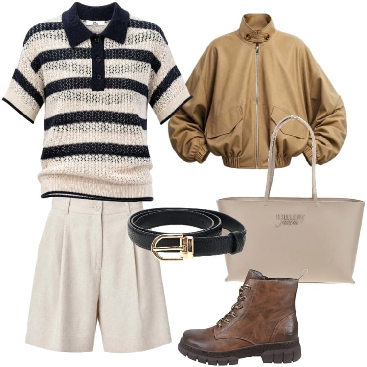 Outfit donna - In montagna d\'estate. Stile Casual chic per Tutti i giorni. Abbinamento con polo, shorts, bomber, anfibi, borse a spalla, cinture.