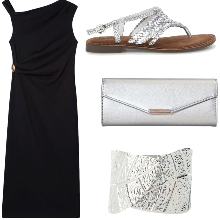 Outfit donna - Sofisticata in nero e accessori silver. Stile Glamour per Serata fuori. Abbinamento con vestiti asimmetrici, clutch, braccialetti, sandali.