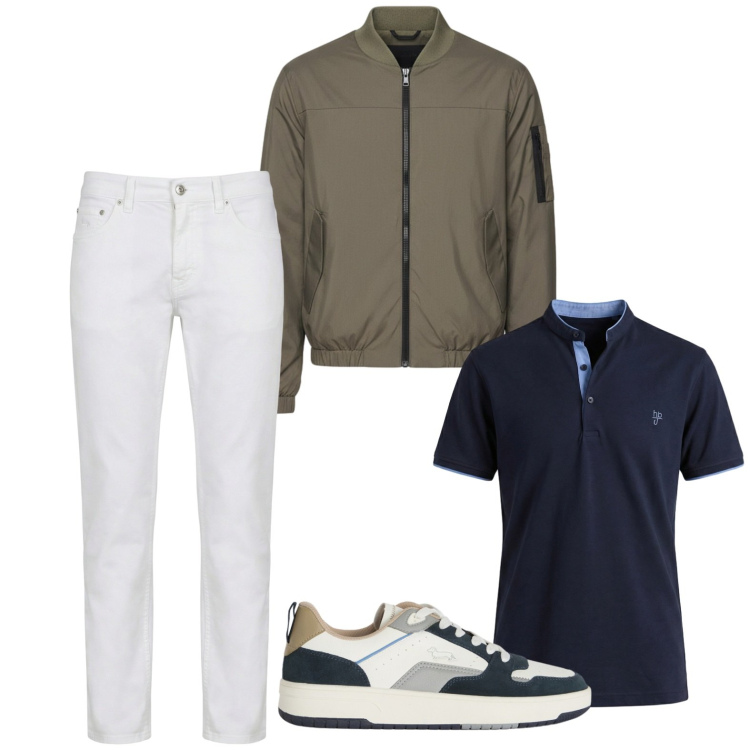 Outfit uomo - Aperitivo di fine estate. Stile Business/Elegante per Serata speciale. Abbinamento con polo, pantaloni, sneakers, bomber.