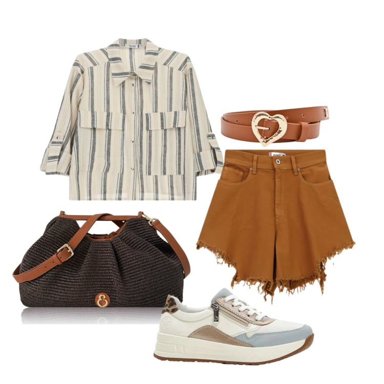 Outfit donna - Luglio. Stile Trendy per Tutti i giorni. Abbinamento con sneakers, clutch, shorts, camicie, cinture.