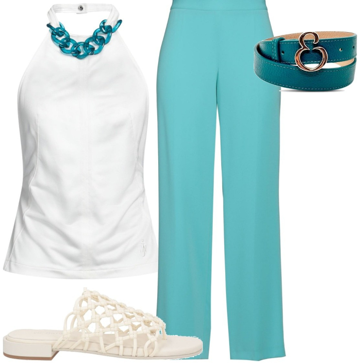 Outfit donna - Pantaloni completo e top con dettagli. Stile Chic per Serata fuori. Abbinamento con pantaloni, top, ciabatte, cinture.