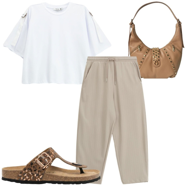 Outfit donna - Estate basi in città. Stile Basic per Tutti i giorni. Abbinamento con infradito, borse a spalla, t-shirt, pantaloni.