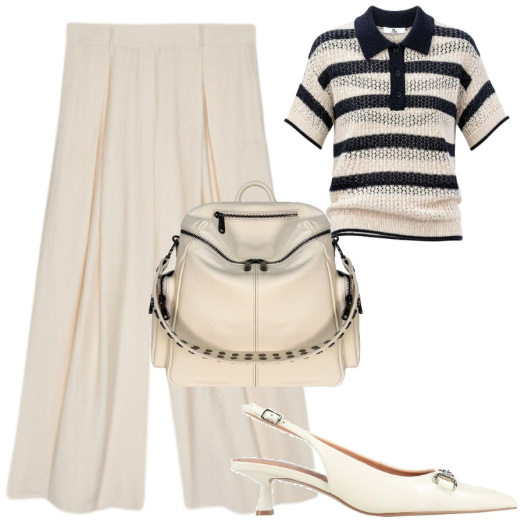 Outfit donna - In ufficio tacchi e comfort. Stile Chic per Ufficio. Abbinamento con décolleté, polo, zaini, pantaloni a palazzo.