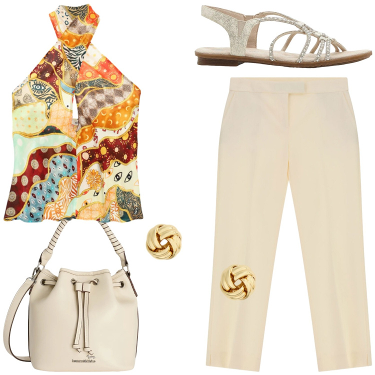 Outfit donna - La blusa originale. Stile Chic per Tutti i giorni. Abbinamento con sandali, borse a secchiello, orecchini, top, pantaloni.