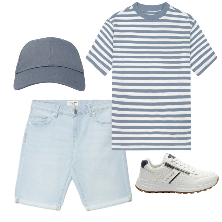 Outfit uomo - T-shirt a righe cerulee. Stile Casual per Tutti i giorni. Abbinamento con sneakers, shorts, cappelli con visiera, t-shirt.