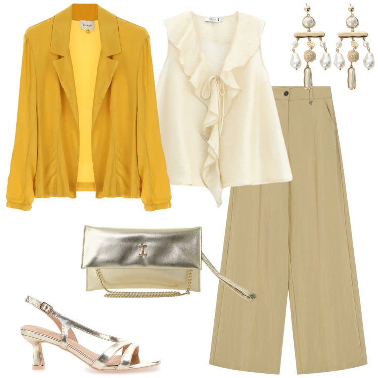Outfit donna - Oroscopo Il Leone - La protagonista. Stile Casual chic per Tutti i giorni. Abbinamento con top, orecchini, blazer, pantaloni a palazzo, borse a tracolla, sandali in pelle.
