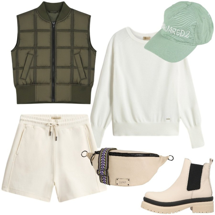 Outfit donna - Vacanza ad alta quota. Stile Casual chic per Tutti i giorni. Abbinamento con stivaletti, cappelli con visiera, marsupi, piumini, shorts, maglieria.