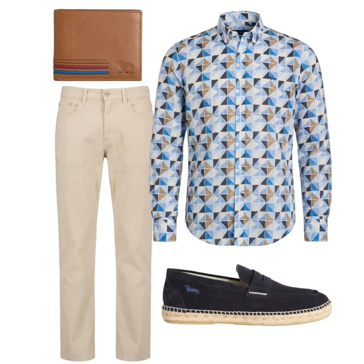 Outfit uomo - Stampe cattura sguardi. Stile Trendy per Serata speciale. Abbinamento con portafogli, pantaloni, espadrillas, camicie.