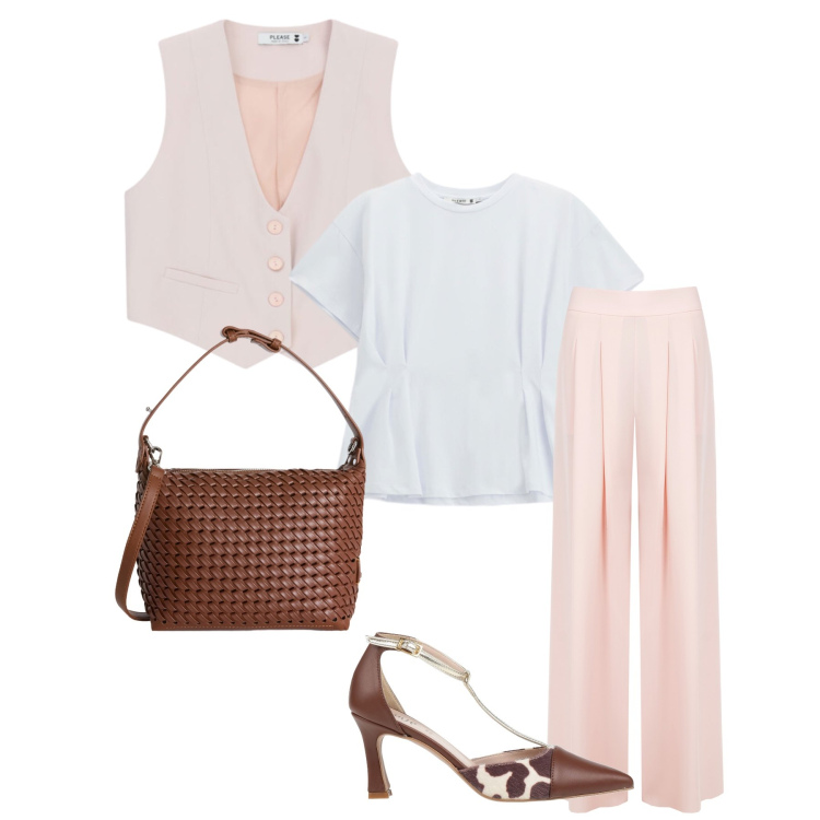 Outfit donna - Aperitivo in città. Stile Casual chic per Serata fuori. Abbinamento con décolleté, borse a spalla, gilet, t-shirt, pantaloni a palazzo.