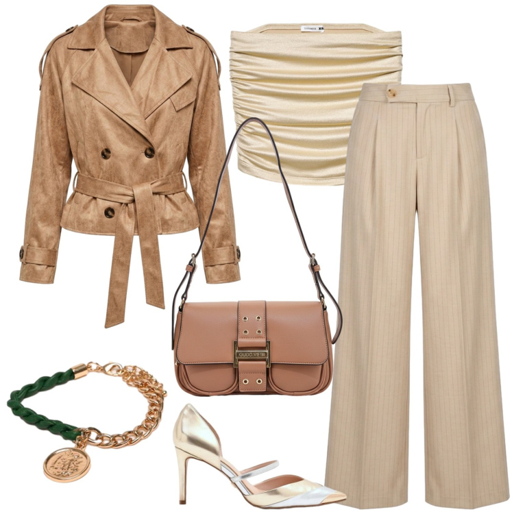 Outfit donna - Oroscopo Il Leone - La protagonista. Stile Casual chic per Serata fuori. Abbinamento con top, décolleté, braccialetti, pantaloni a palazzo, trench, borse a spalla.