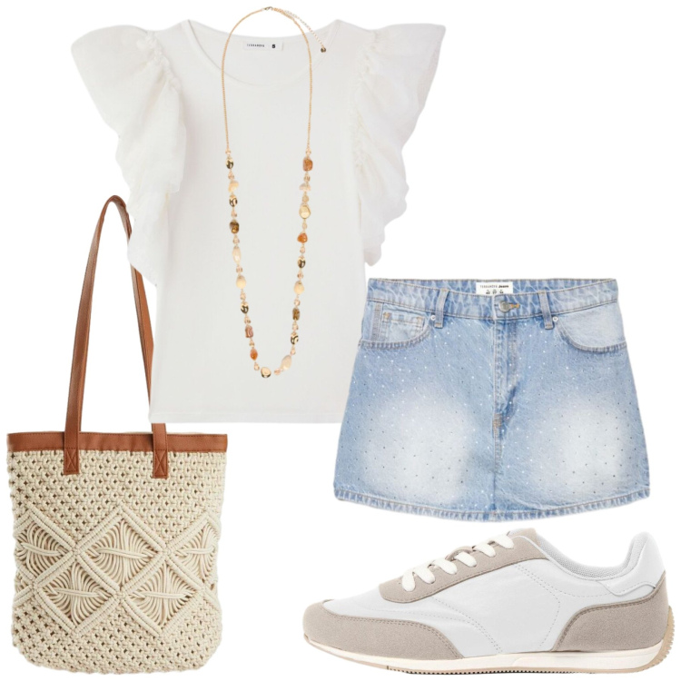 Outfit donna - Total look #2438498. Stile Basic per Tutti i giorni. Abbinamento con sneakers, shopping bag, t-shirt, shorts, collane.