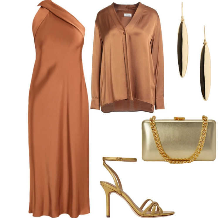 Outfit donna - Feste estive. per Serata fuori. Abbinamento con camicie, vestiti, clutch, orecchini, sandali in pelle.