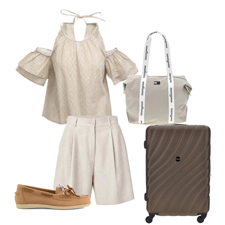Outfit donna - In viaggio. Stile Sporty chic per Mare. Abbinamento con top, shorts, mocassini, shopping bag, valigie.
