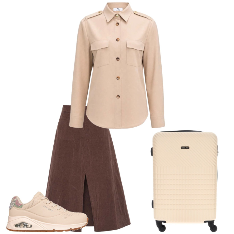 Outfit donna - Look viaggio. Stile Casual chic per Tutti i giorni. Abbinamento con gonne lunghe, camicie, valigie, sneakers.