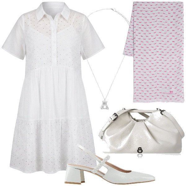 Outfit donna - Il bianco simbolo dell’estate. Stile Casual chic per Tutti i giorni. Abbinamento con décolleté, sciarpe, clutch, ciondoli, vestiti corti.