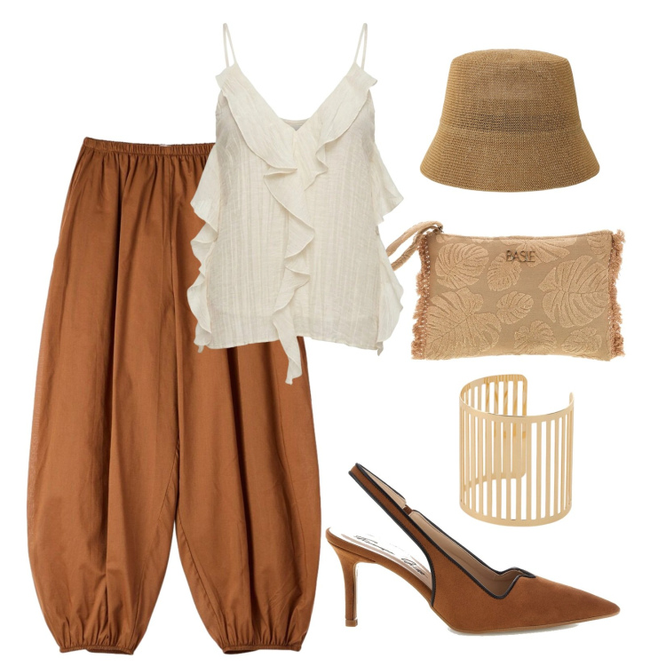 Outfit donna - Leonessa. Stile Trendy per Mare. Abbinamento con pantaloni, canottiere, cappelli, braccialetti, pochette, décolleté.