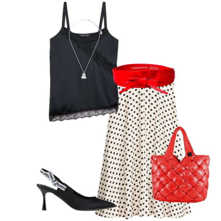 Outfit donna - Aperitivo in città. Stile Chic per Serata fuori. Abbinamento con décolleté, gonne longuette, cinture, top, ciondoli, borse tote.
