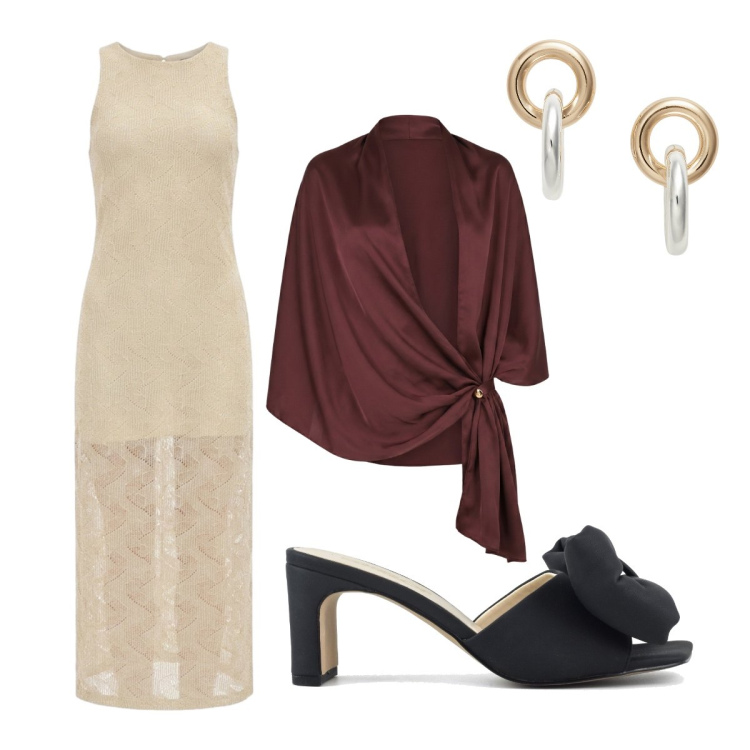Outfit donna - Leone d’oro. Stile Chic per Cerimonia. Abbinamento con vestiti midi/longuette, stole, orecchini, sandali col tacco.