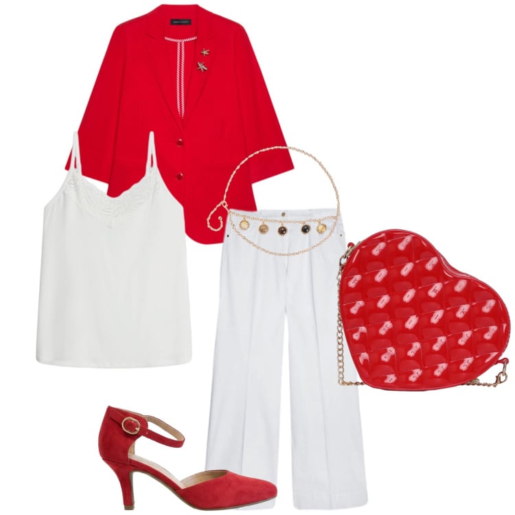 Outfit donna - Bianco e rosso. Stile Glamour per Serata fuori. Abbinamento con décolleté, top, borse a tracolla, cinture, blazer, pantaloni.