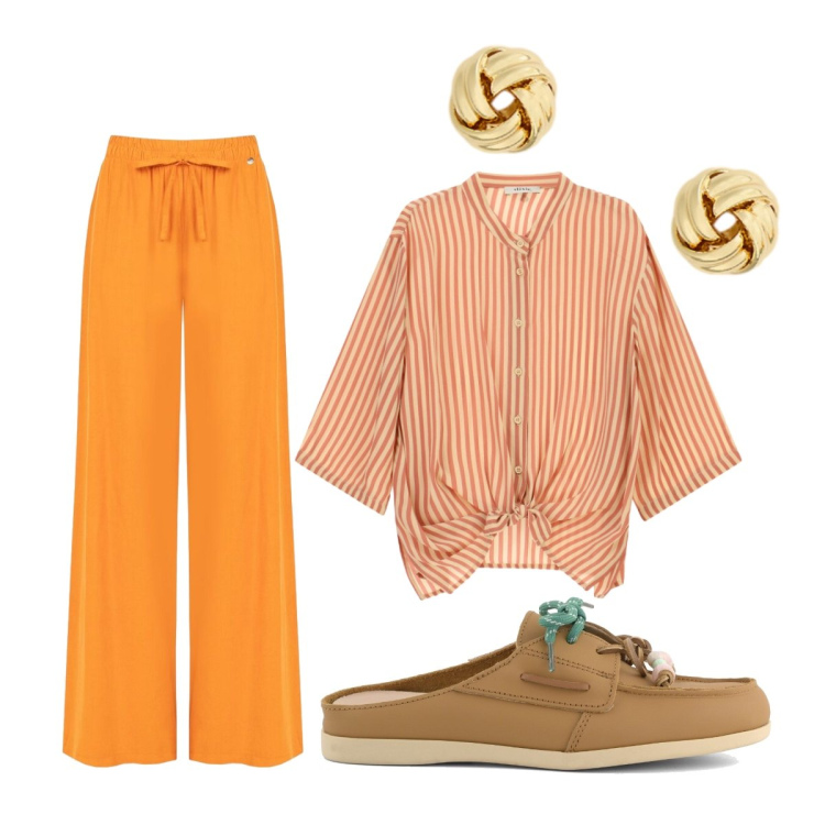 Outfit donna - Leone d’ambra. Stile Casual per Tutti i giorni. Abbinamento con pantaloni a palazzo, camicie, orecchini, sabot.
